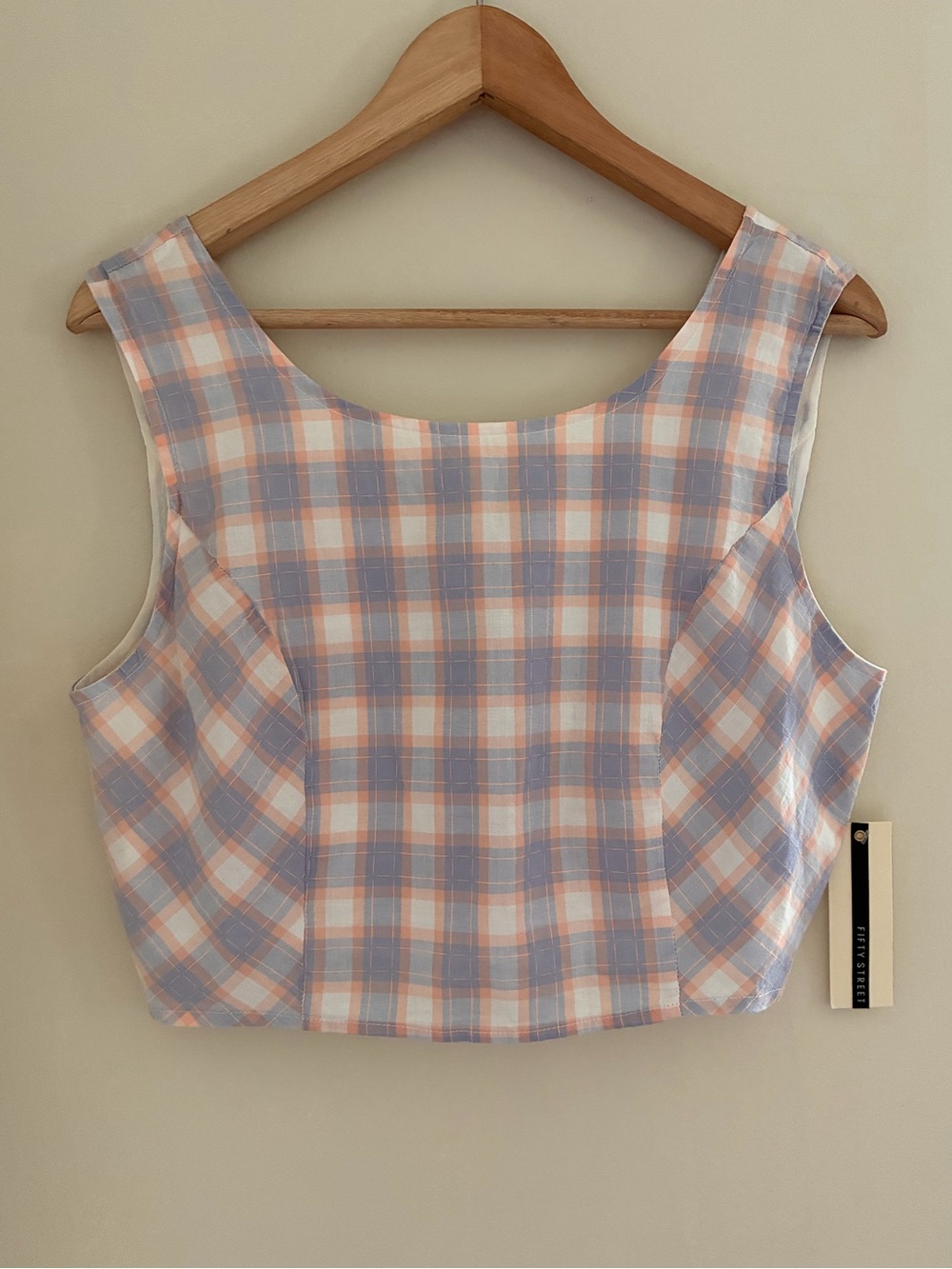 Fifty Street Women Pastel Plaid Lace Up Back Crop Top L Blue Orange White Fall